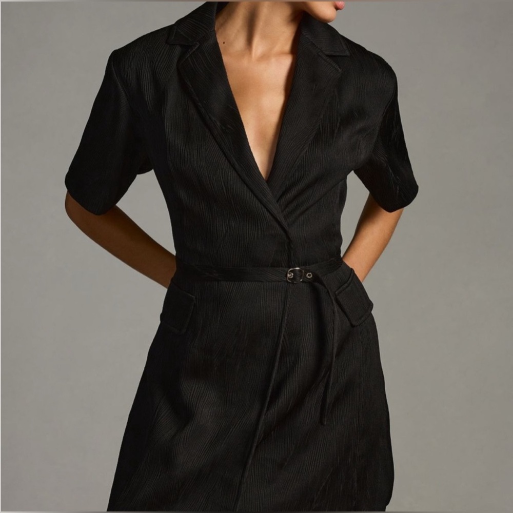 Anthropologie 4SI3NNA Lorenzo Short-Sleeve Belted Blazer Dress, black